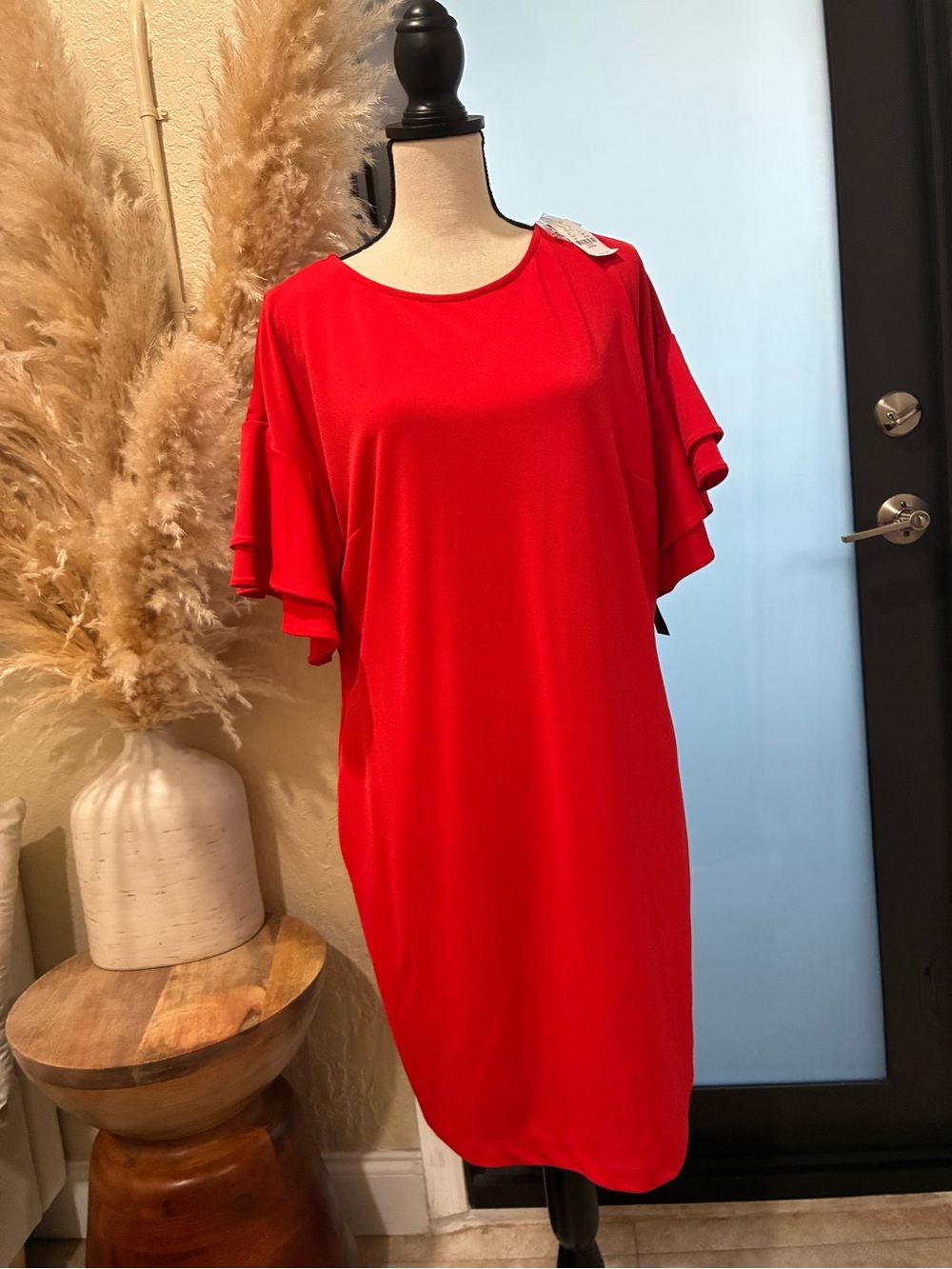 New York & Company Red Midi Shift Dress with Ruffle Sleeves